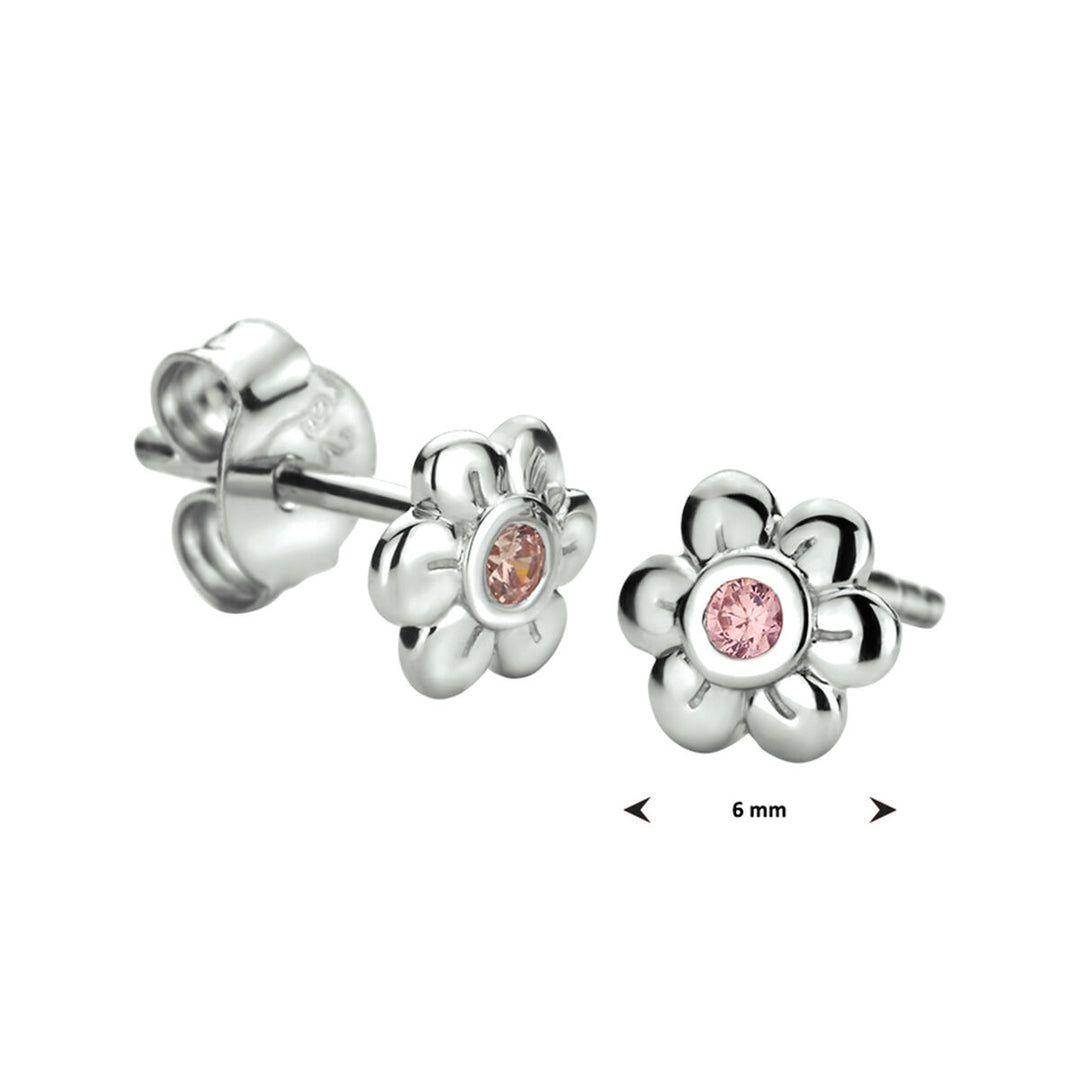 ear studs flower pink zirconia silver rhodium plated