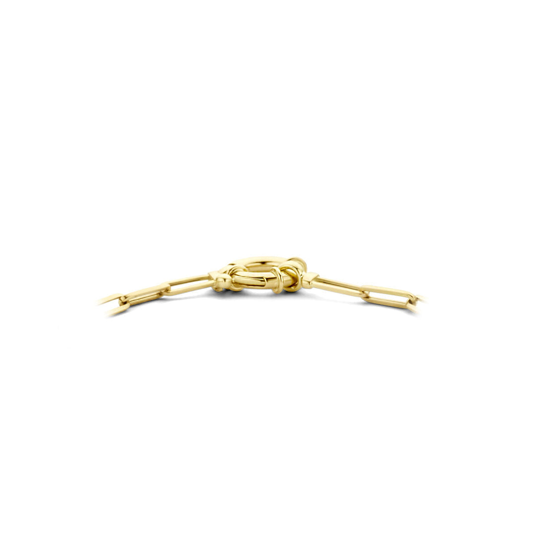De "collier paperclip vierkante buis 3,0 mm 45 cm met groot springslot 14K geelgoud" van Van der Kooij Collectie is afgebeeld op een witte achtergrond met zijn opvallende gouden schakels.