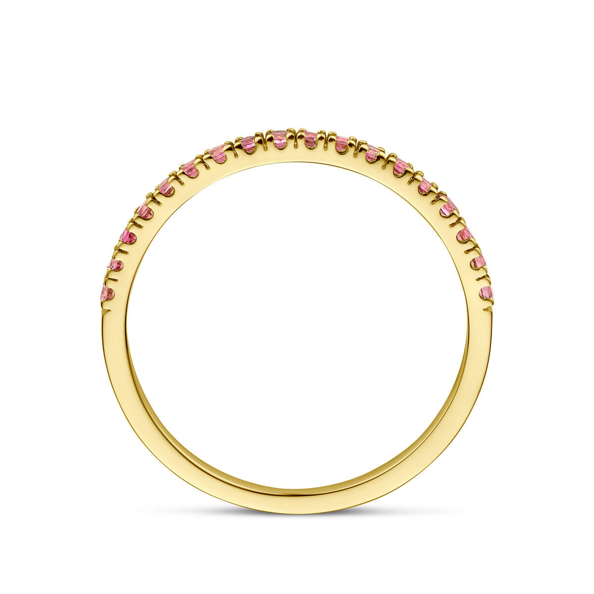De Van der Kooij Collectie ring met geboortesteen roze toermalijn oktober 14K geelgoud heeft kleine roze toermalijntjes langs de bovenste helft, elegant rechtopstaand op een witte achtergrond.