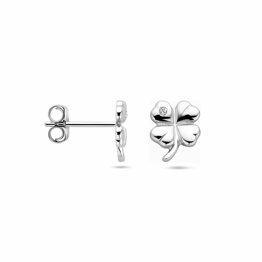 clover ear studs zirconia silver rhodium plated