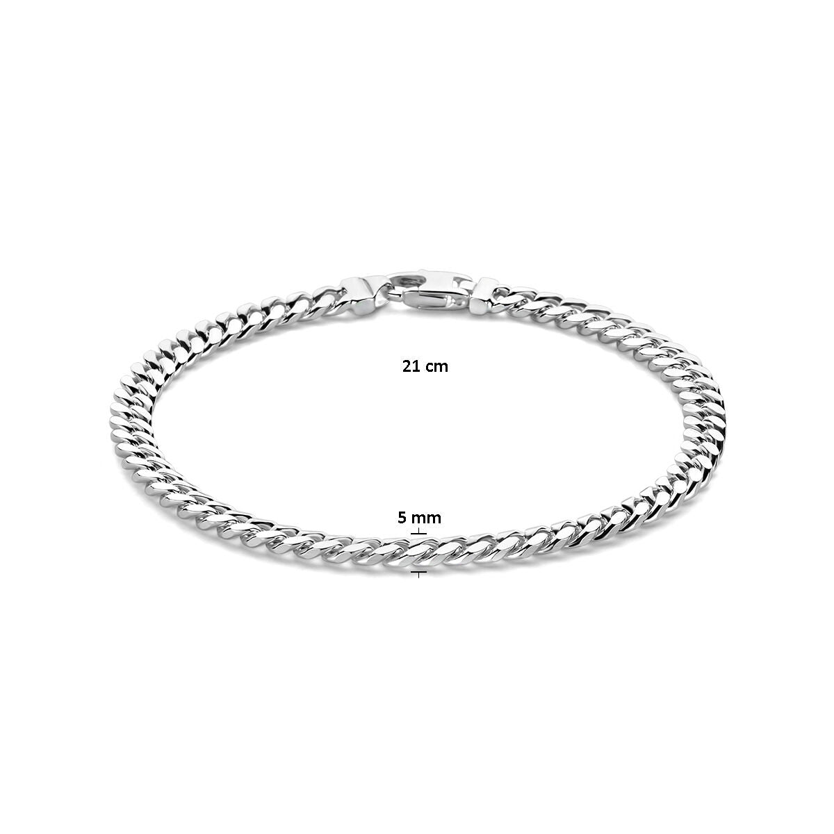 De Van der Kooij Collectie Zilveren armband heren gourmette 5,0 mm is een 925 zilveren armband, 21 cm lang en 5 mm breed, getoond op een witte achtergrond met zwarte maatlabels.