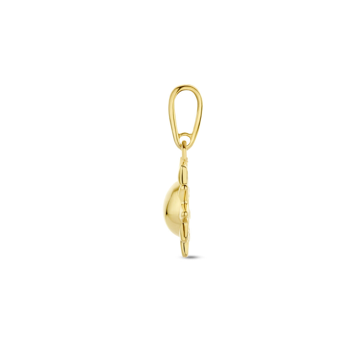 Een hangerzon 14K geelgoud uit de Van der Kooij Collectie is van opzij gefotografeerd tegen een witte achtergrond. Het gladde, ronde oppervlak en de gepolijste lus voor bevestiging aan een ketting of armband zijn zichtbaar.