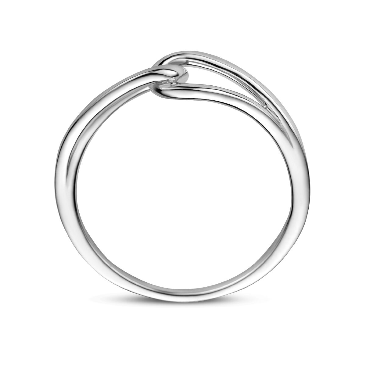 De Van der Kooij Collectie ring zilver gerhodineerd is een strakke 925 zilveren ring met een gepolijste band en een minimalistisch schakelmotief, voorzien van twee in elkaar grijpende lussen in een knoopachtig ontwerp.