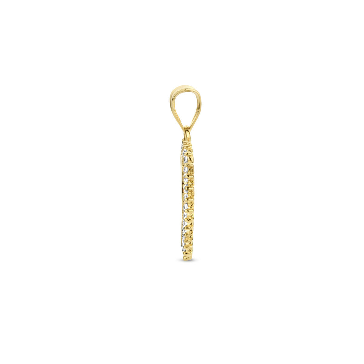 Zijaanzicht van een Van der Kooij Collectie graveerhanger hart zirkonia 14K geelgoud, met een rij fonkelende witte steentjes - ideaal als dames sieraad of valentijnscadeau - tegen een effen witte achtergrond.