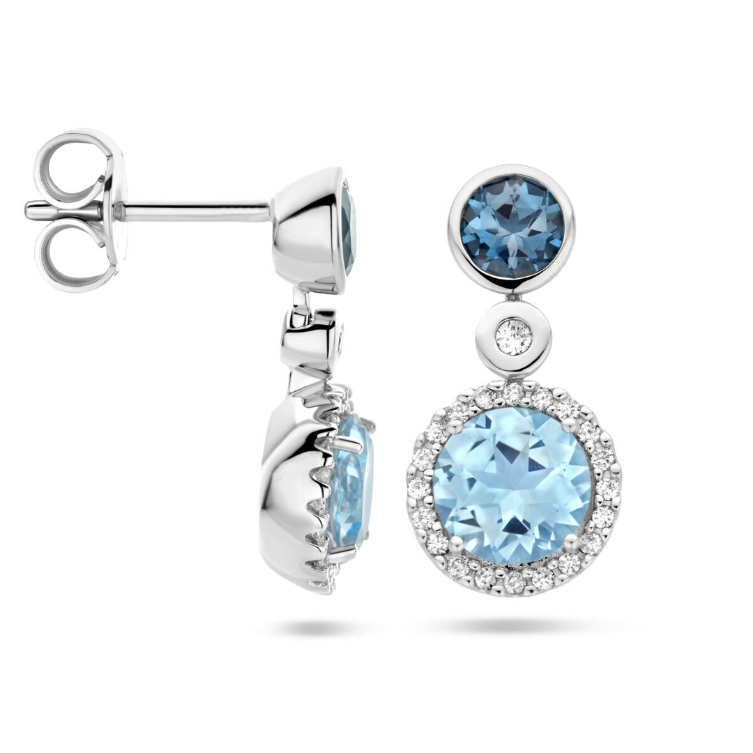 earrings london blue topaz, blue topaz and diamond 0.16ct (2x 0.08ct) h si halo 14K white gold
