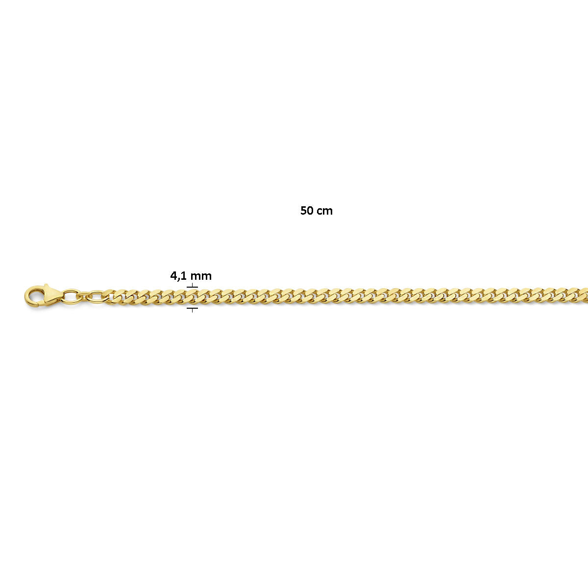 Van der Kooij Collectie Gouden ketting heren - gourmette 4-zijdes geslepen, massief 14K, 50 cm lang en 4,1 mm breed met karabijnsluiting. Gepresenteerd op witte achtergrond; wordt geleverd in luxe feestelijke verpakking.