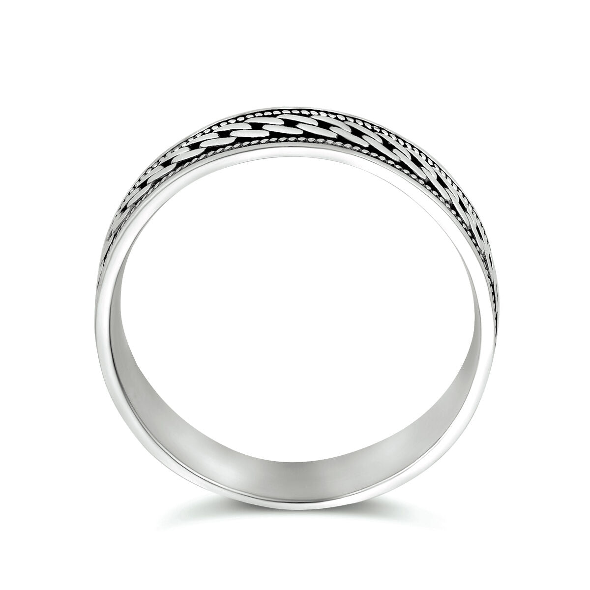 De Van der Kooij Collectie Ring oxi zilver geoxideerd is een herenring van geoxideerd zilver met een zwart gegraveerd wingerd- en bladpatroon rond de band, tegen een witte achtergrond.