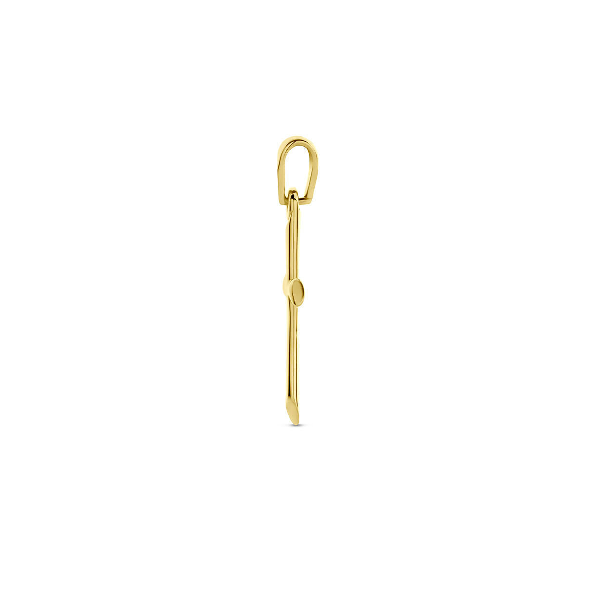De Van der Kooij Collectie hanger kruis 14K geelgoud is een enkele gouden oorbel met een staafvorm, een afgeronde bovenste lus en een klein rond accent in het midden, afgebeeld op een effen witte achtergrond.