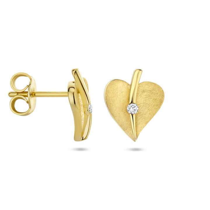 oorknoppen hart gescratcht diamant 0.04ct (2x 0.02ct) h si 14K geelgoud