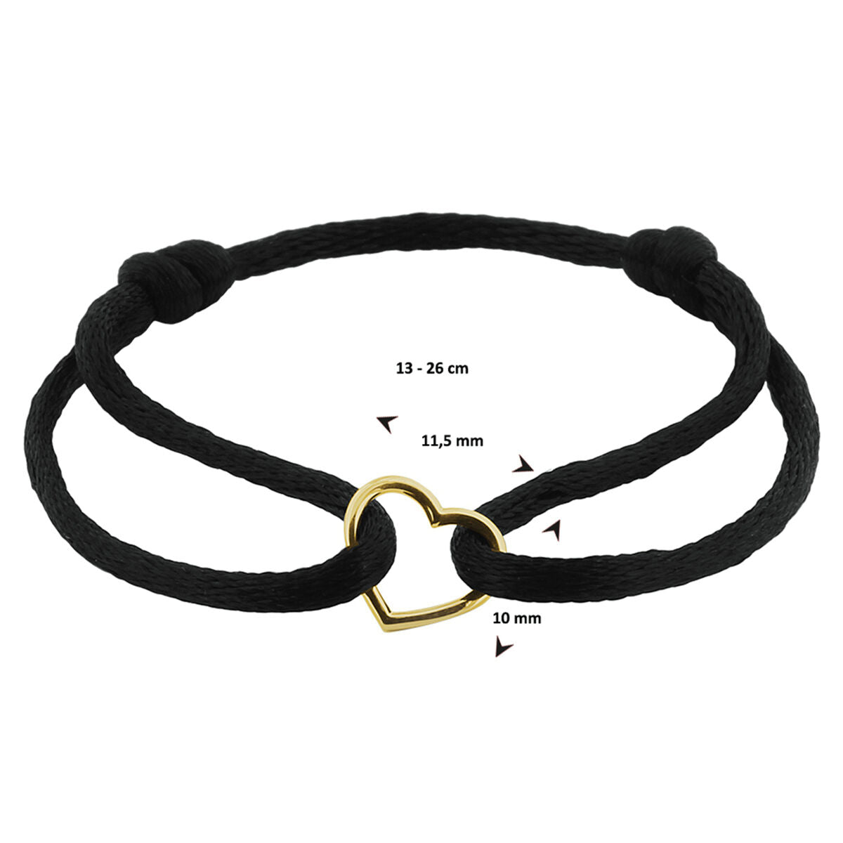 bracelet satin heart 14K gold with rubber/nylon/leather