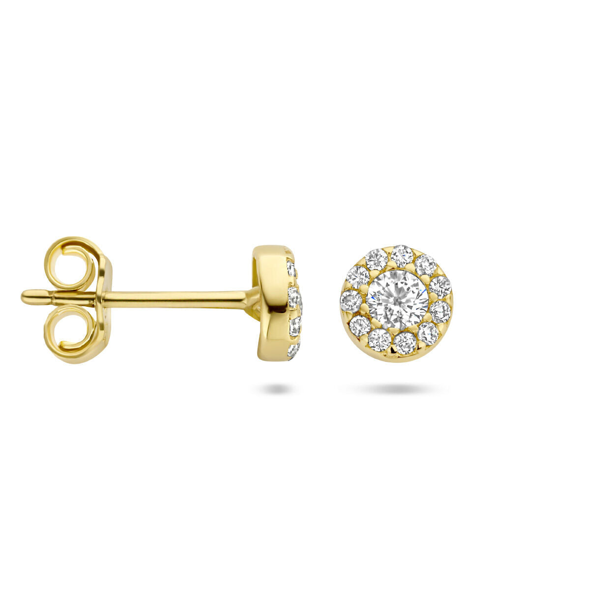 oorknoppen zirkonia halo 14K geelgoud