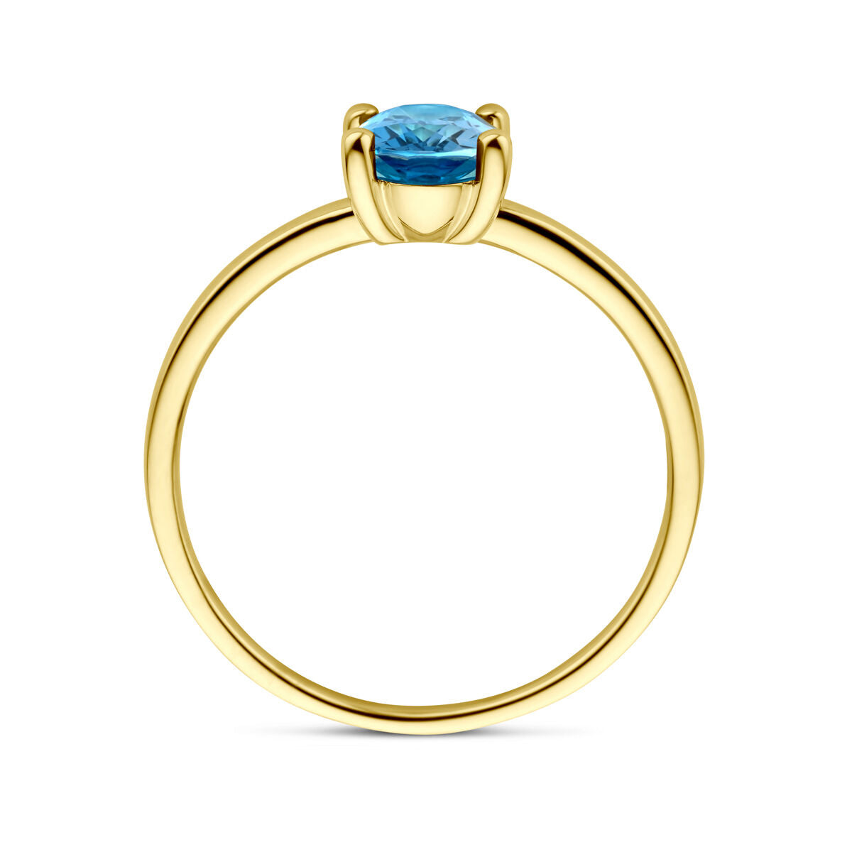 De ring london blue topaas 14K geelgoud van Van der Kooij Collectie is een damesring met ronde london blue topaas in een vierpoots zetting, stijlvol weergegeven op een witte achtergrond.
