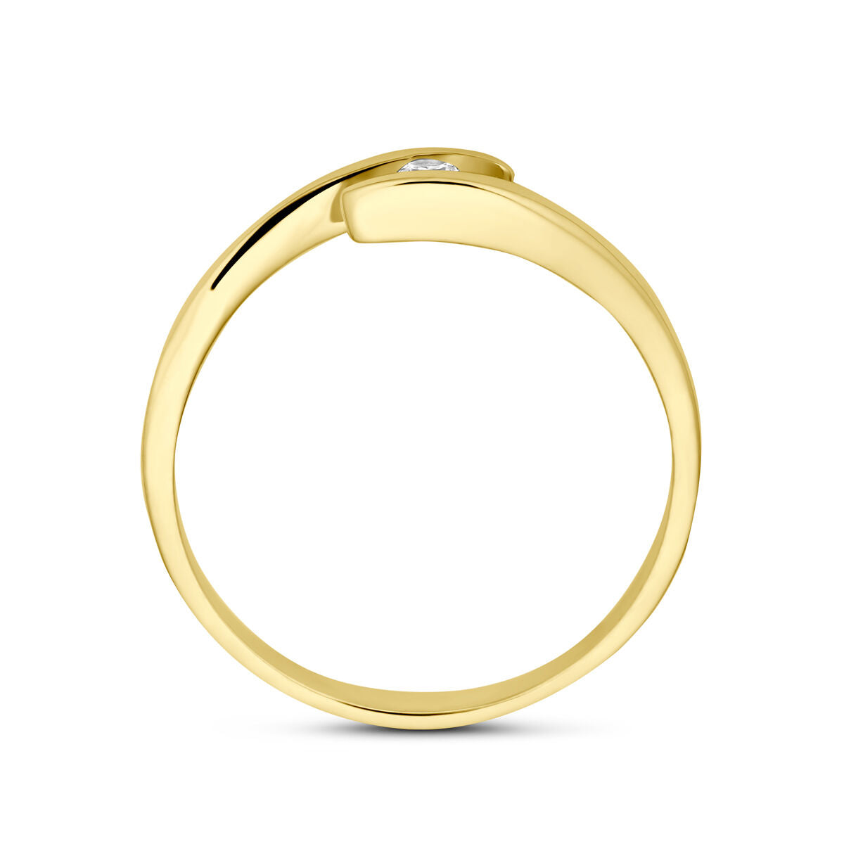 De Van der Kooij Collectie ring zirkonia 14K geelgoud heeft een glad, minimalistisch ontwerp met een enkele zirkonia gezet in een zachte curve aan de bovenkant, gezien vanaf de zijkant.