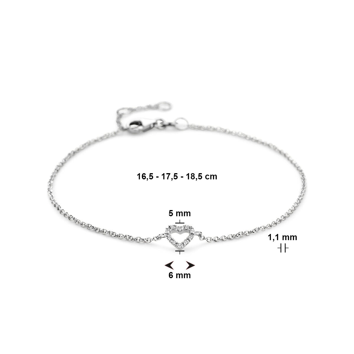 Gold bracelet ladies heart and diamond 14K white gold