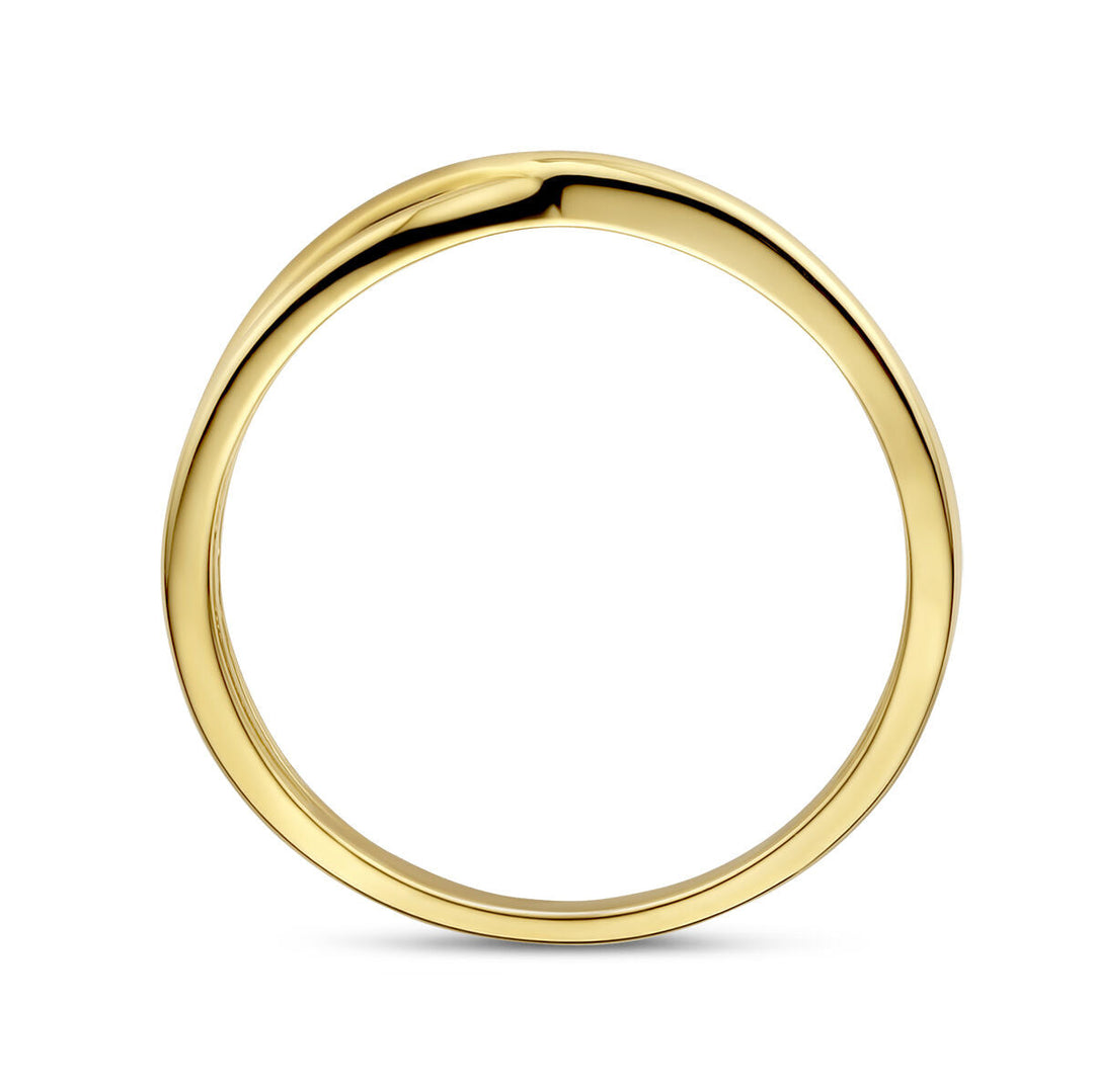 De chromosome ring 14K geelgoud uit de Van der Kooij Collectie heeft een gladde, licht afgeronde band die precieze elegantie en tijdloze stijl uitstraalt, schitterend weergegeven tegen een witte achtergrond.