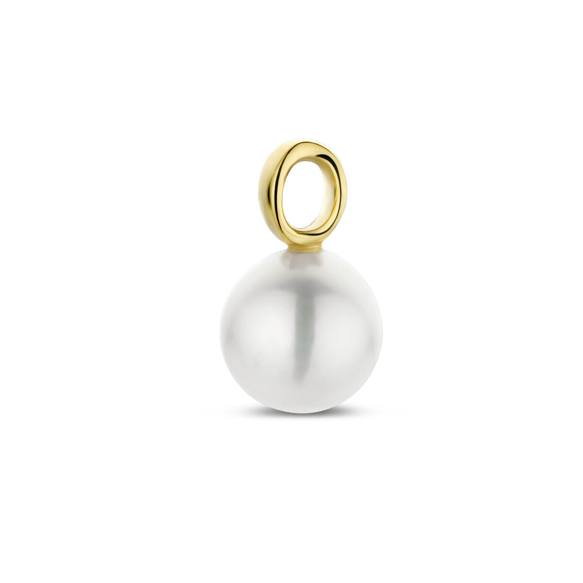 Een enkele witte zoetwaterparel hanger met een gladde, ronde vorm en 14K geelgouden hangerlus, uit de verfijnde "hanger parel 14K geelgoud" van de Van der Kooij Collectie, getoond op een effen witte achtergrond.