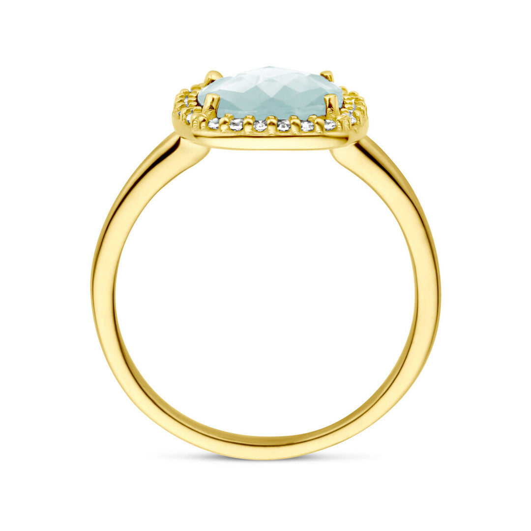 ring aquamarijn en zirkonia halo 14K geelgoud