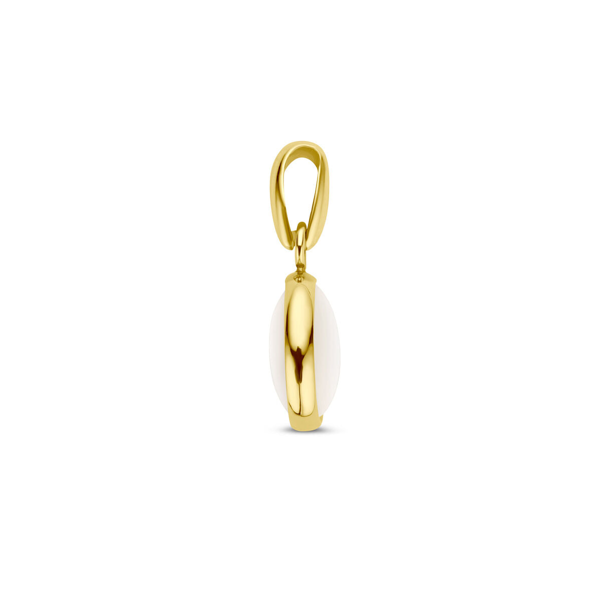 De hanger parelmoer 14K geelgoud van Van der Kooij Collectie is een gouden en witte ovale hanger met een gepolijste afwerking, weergegeven tegen een effen witte achtergrond.