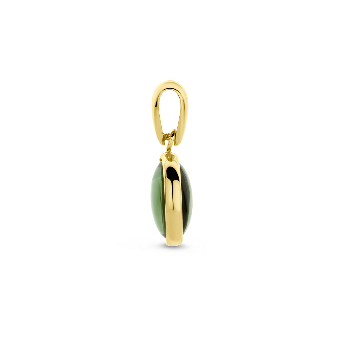 Van der Kooij Collectie hanger groen toermalijn 14K geelgoud met een afgeronde, ovaalvormige cabochon in het midden, zijaanzicht tegen een witte achtergrond.