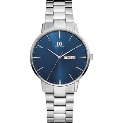 Zilveren horloge met een blauwe wijzerplaat, datumaanduiding en een metalen schakelband.
