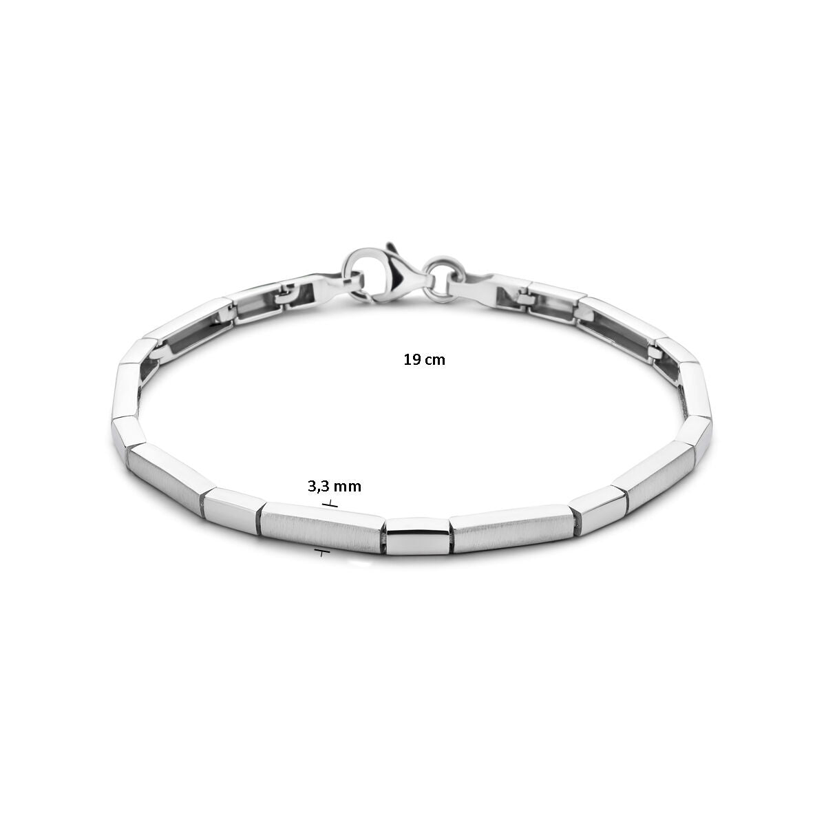 De Zilveren armband choker poli/mat gehodineerd van Van der Kooij Collectie is een rechthoekige schakelarmband, 19 cm lang en 3,3 mm breed, opvallend op een witte achtergrond.