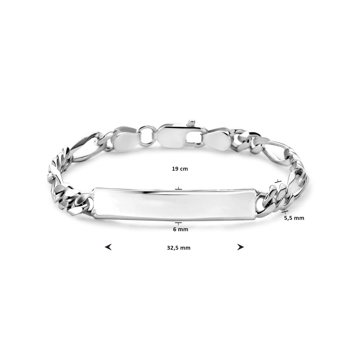 De Van der Kooij Collectie graveerarmband figaro plaat 8,0 mm zilver wit is een zilveren armband met een blanco rechthoekig plaatje voor personalisatie. Voorzien van een karabijnsluiting, 19 cm lengte en een 8,0 mm brede Figaro ketting - perfect als gepersonaliseerde armband mannen.