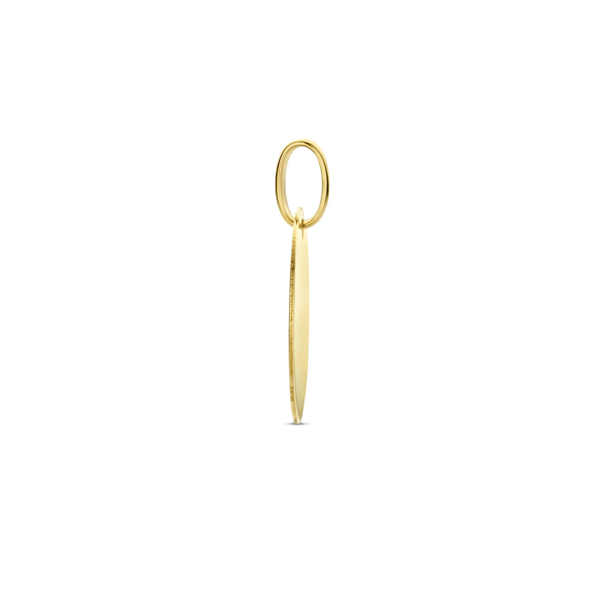 De graveerhanger rond 14K geelgoud van de Van der Kooij Collectie heeft een kleine cirkelvormige lus en een lange taps toelopende druppel, ideaal voor persoonlijke gravure. Getoond op een strakke witte achtergrond.