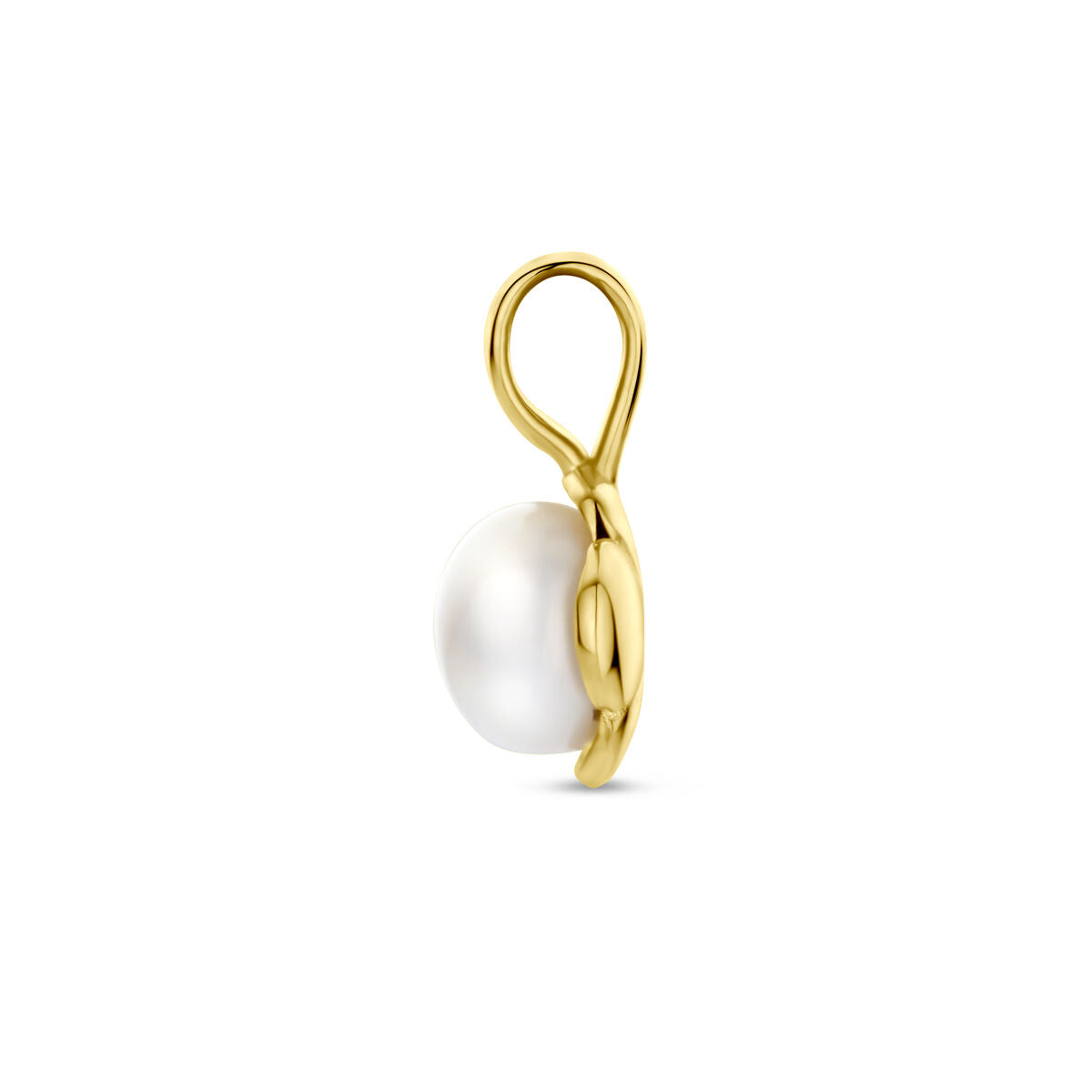 De Van der Kooij Collectie hanger bloem parel 14K geelgoud is een elegant dames sieraad met witte zoetwaterparel, verfijnd afgewerkt en mooi gepresenteerd op een witte achtergrond.