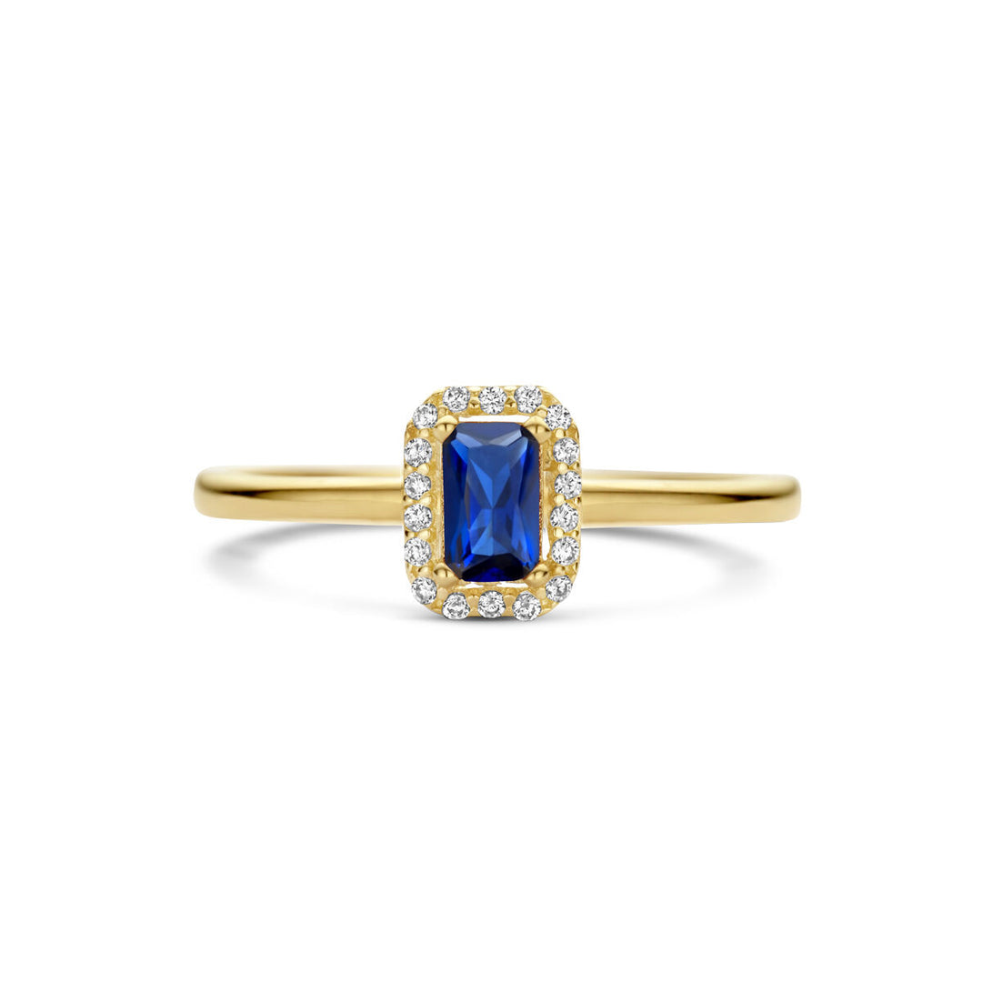 ring synth. sapphire and zirconia halo 14K yellow gold