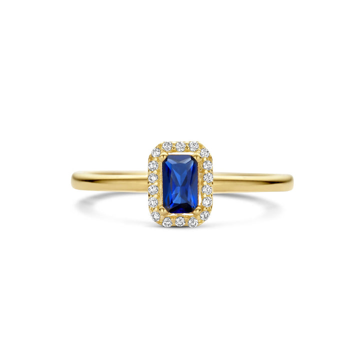 ring synth. sapphire and zirconia halo 14K yellow gold