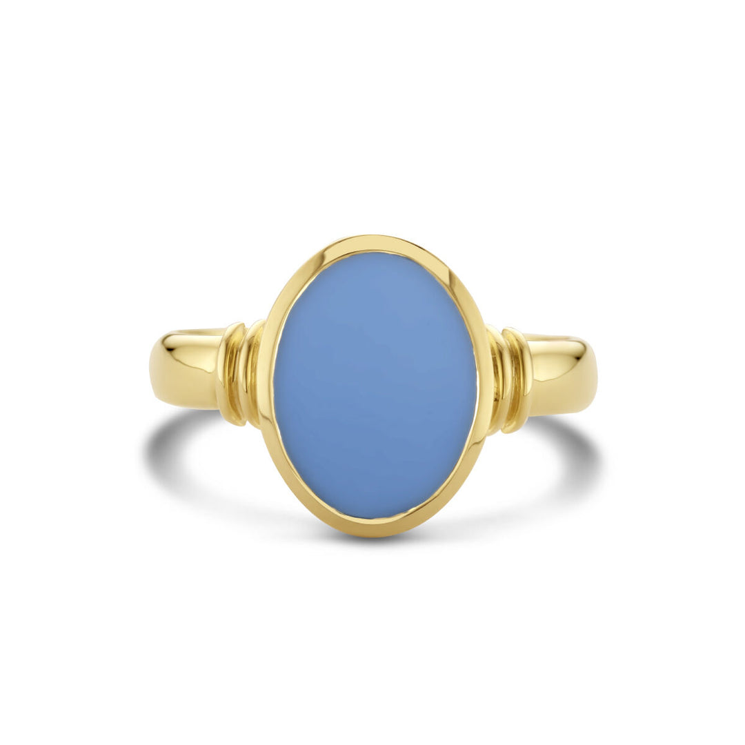 signet ring solid light blue layered stone 11 x 8.5mm 14K yellow gold