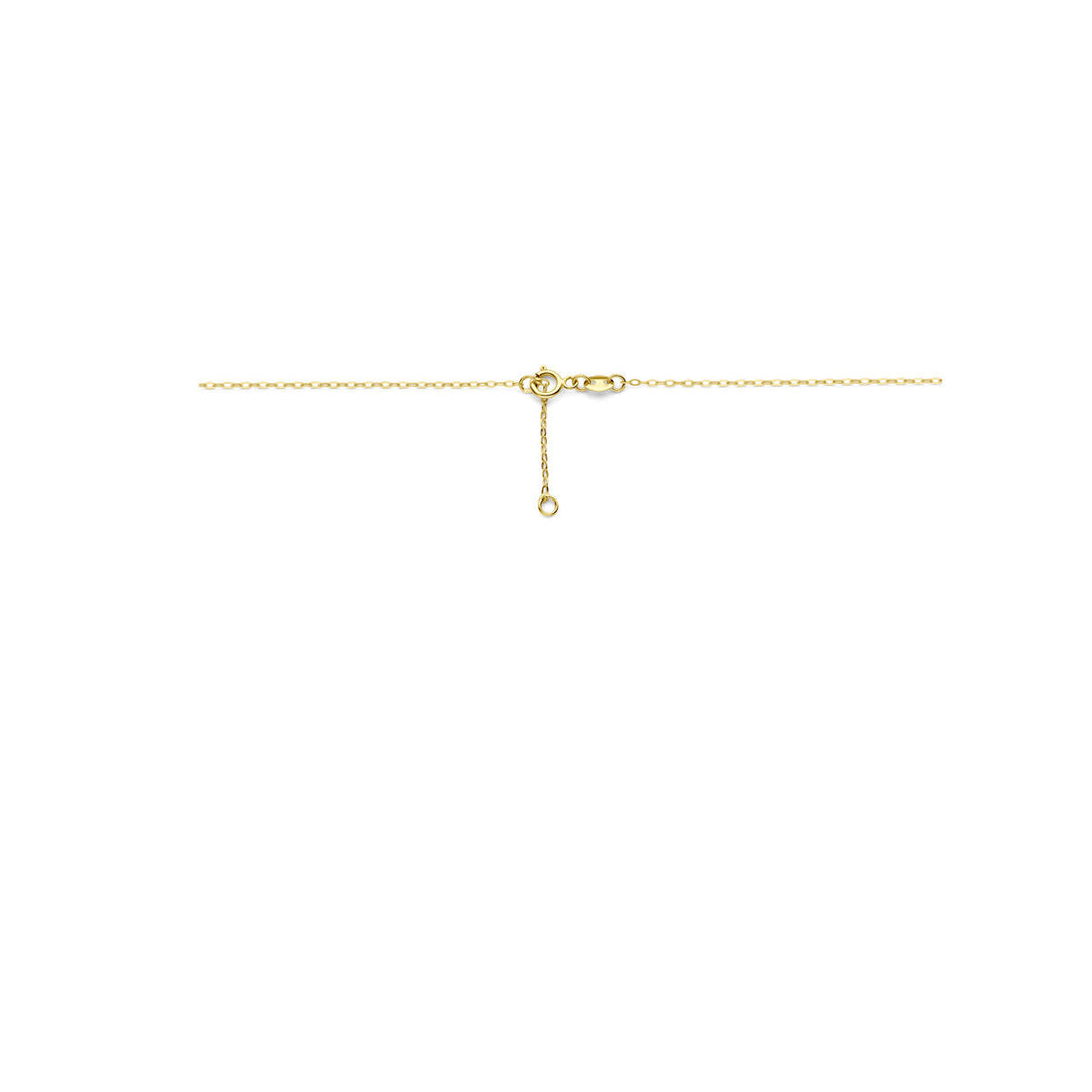 Het Van der Kooij Collectie collier infinity 41 + 2 cm, uitgevoerd in 14K geelgoud, heeft een verstelbare sluiting en een klein verlengkettinkje - een perfect dames sieraad op een witte achtergrond.