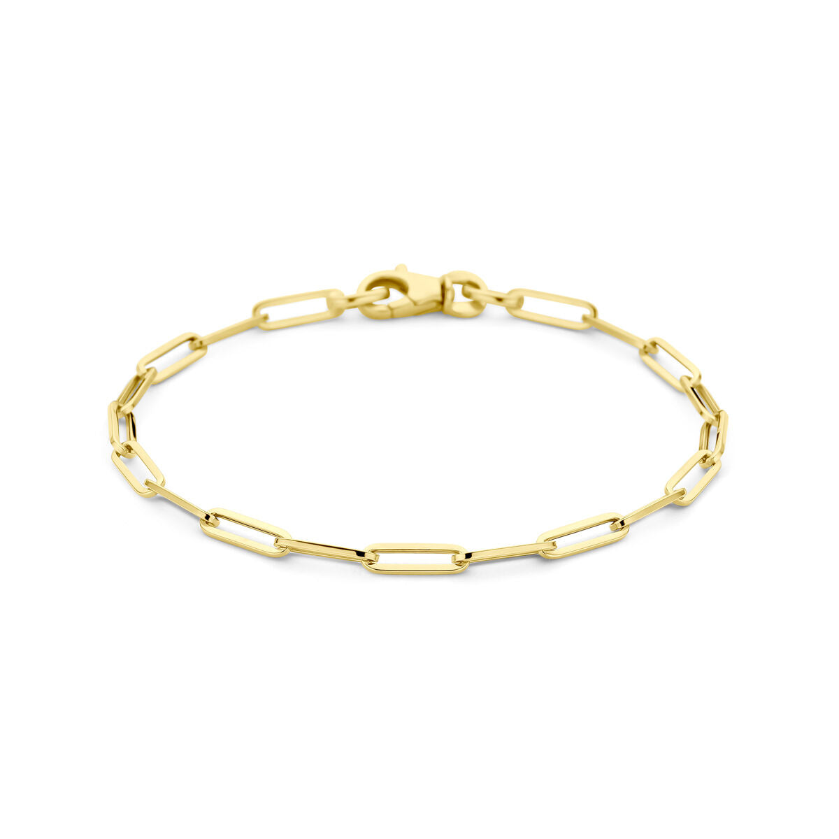 Gouden armband met paperclip-design en vierkante buizen, gemaakt van 14K goud.