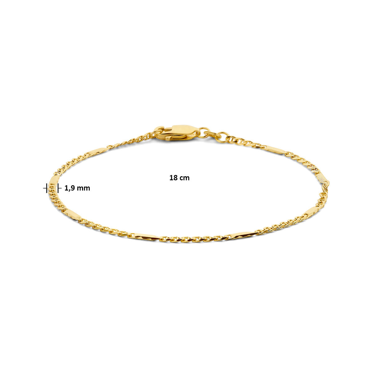 De Gouden armband dames valkenoog met tussenstuk 14K van Van der Kooij Collectie is een fijne, 18 cm lange armband met zachte schakel en kreeft sluiting. Perfect als vriendschapsgeschenk, aanwezig op een witte achtergrond.