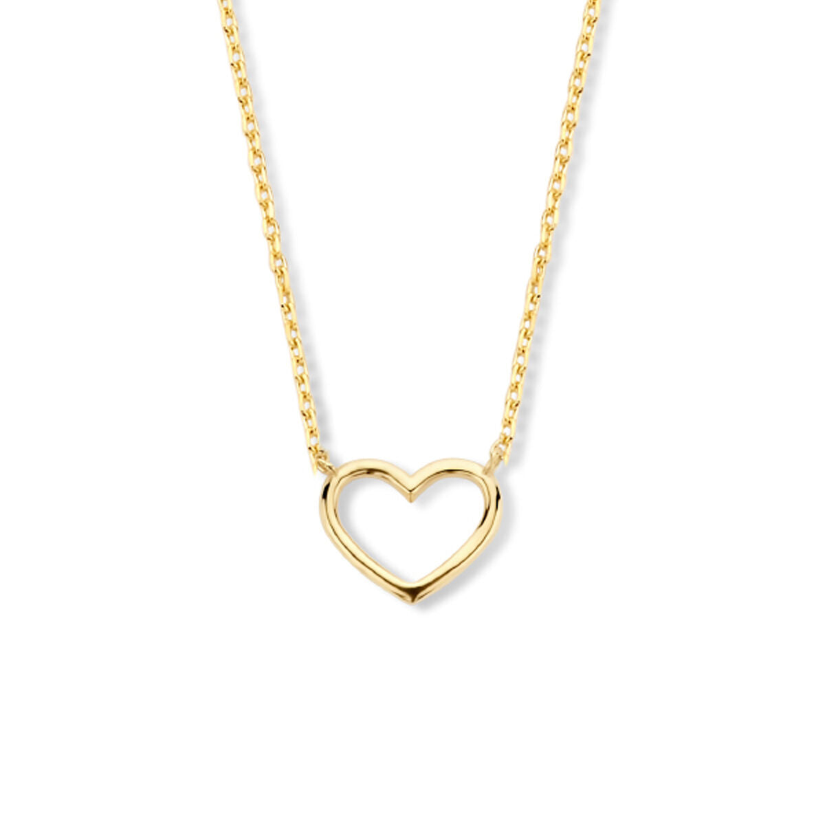 De Gouden dames ketting 14K van Van der Kooij Collectie heeft een delicaat open hartje, perfect als Valentijnsdag cadeau, afgebeeld op een effen witte achtergrond.