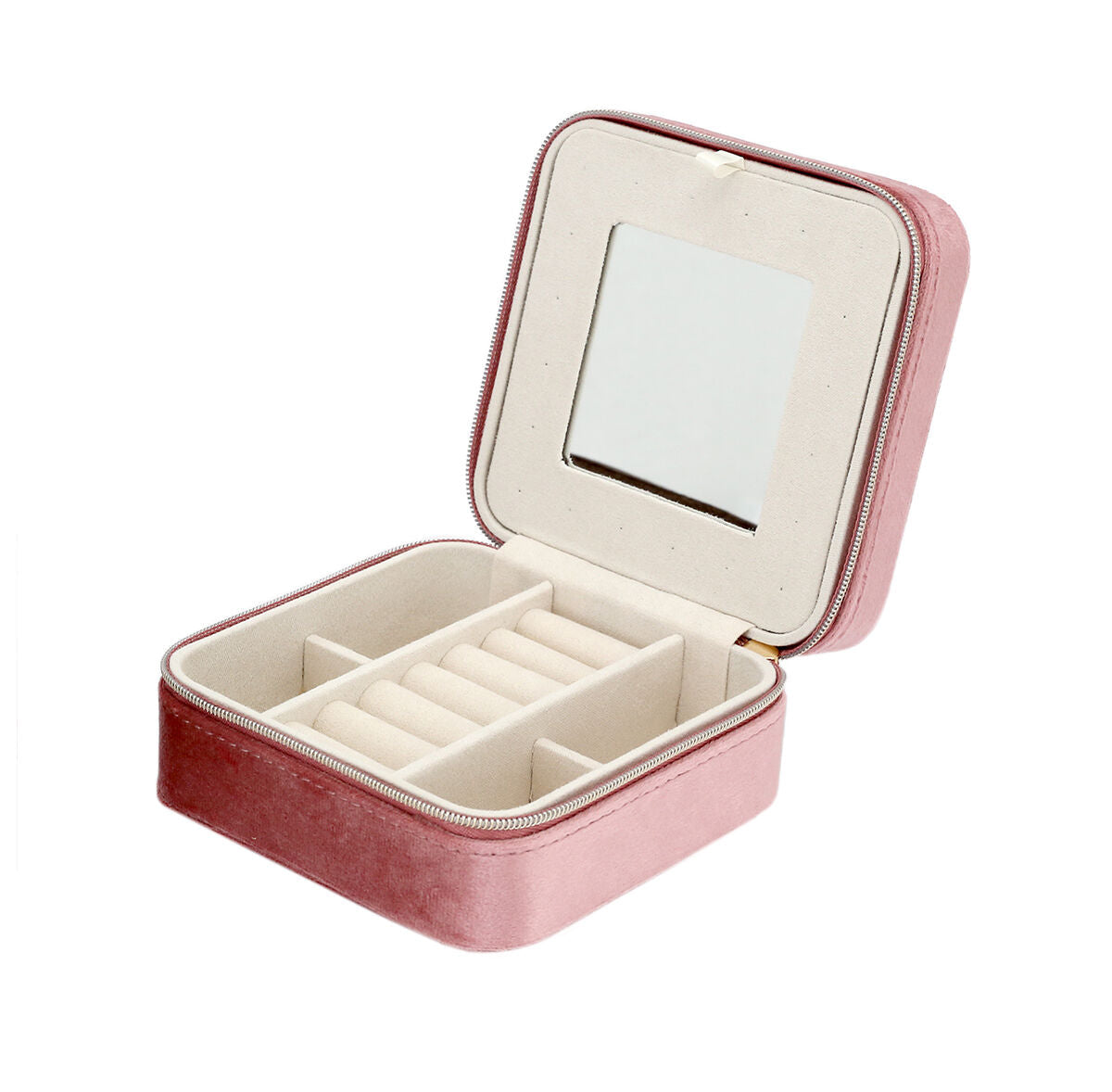De Van der Kooij Collectie sieradenbox roze toebehoren is een fluwelen box met rits, opengeklapt toont het een beige interieur met meerdere vakjes en ingebouwde spiegel in het deksel.