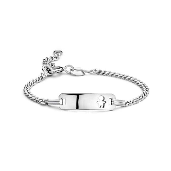 De graveerarmband jongen gourmette plaat 5,5 mm zilver gerhodineerd van de Van der Kooij Collectie is een strakke zilveren armband met een gegraveerd rechthoekig plaatje en een delicate gourmette ketting, voorzien van een verstelbare sluiting voor elegantie en personalisatie bij elke outfit.