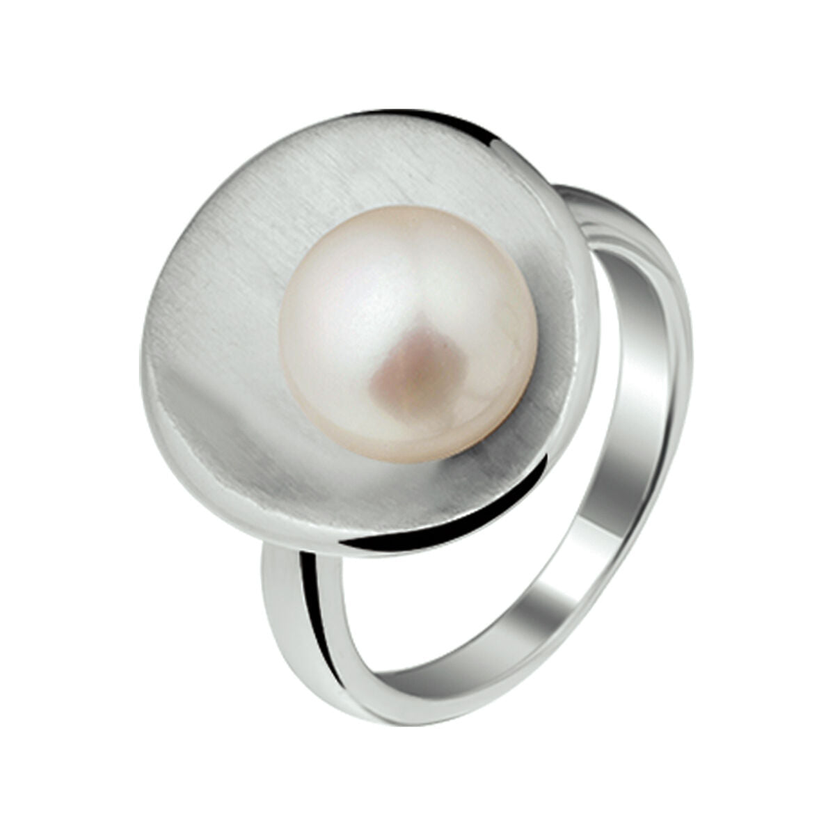 Ring van gerhodineerd zilver met een matte afwerking en een centrale parel.