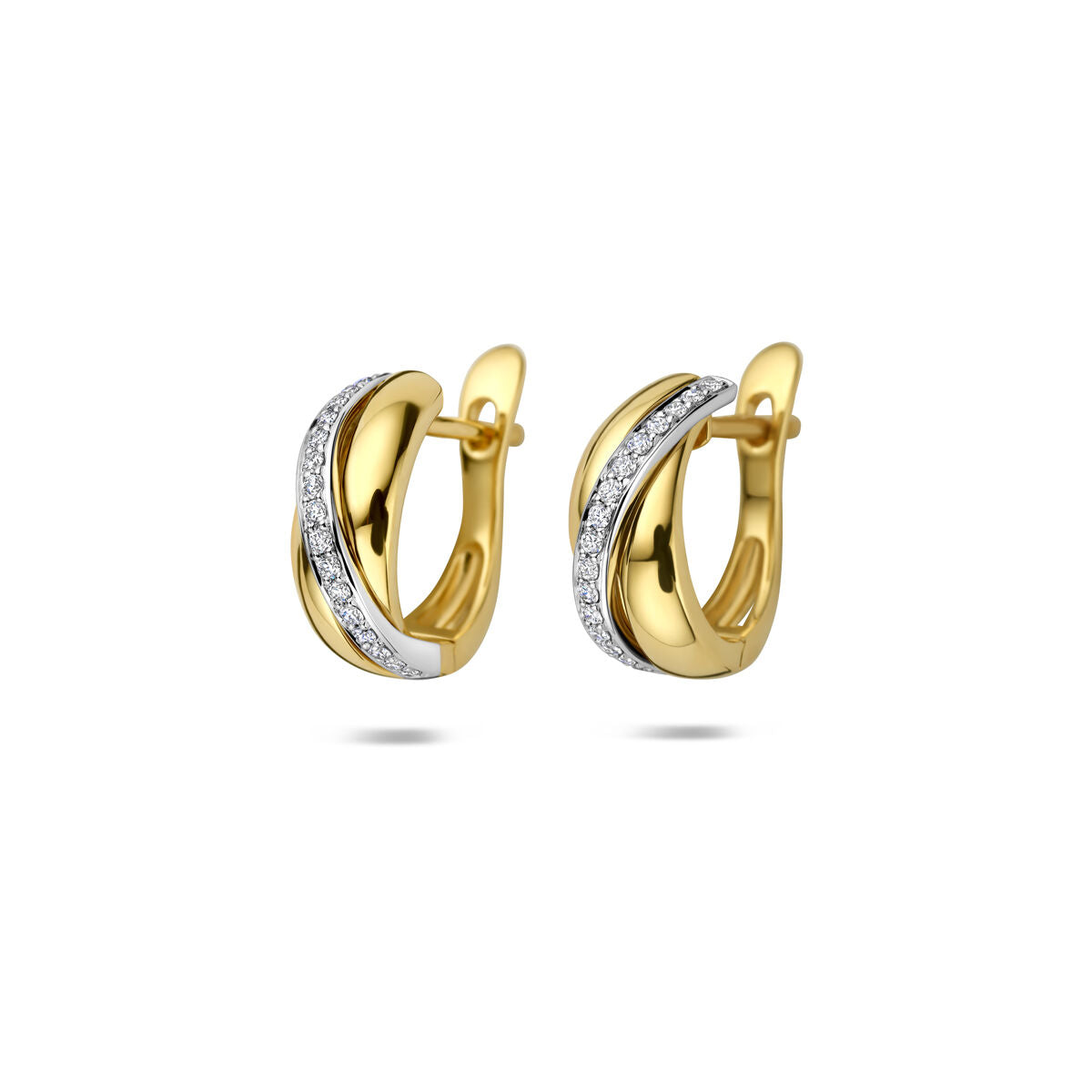 Bicolor oorringen van 14k goud met een glanzende afwerking en een rij diamanten.
