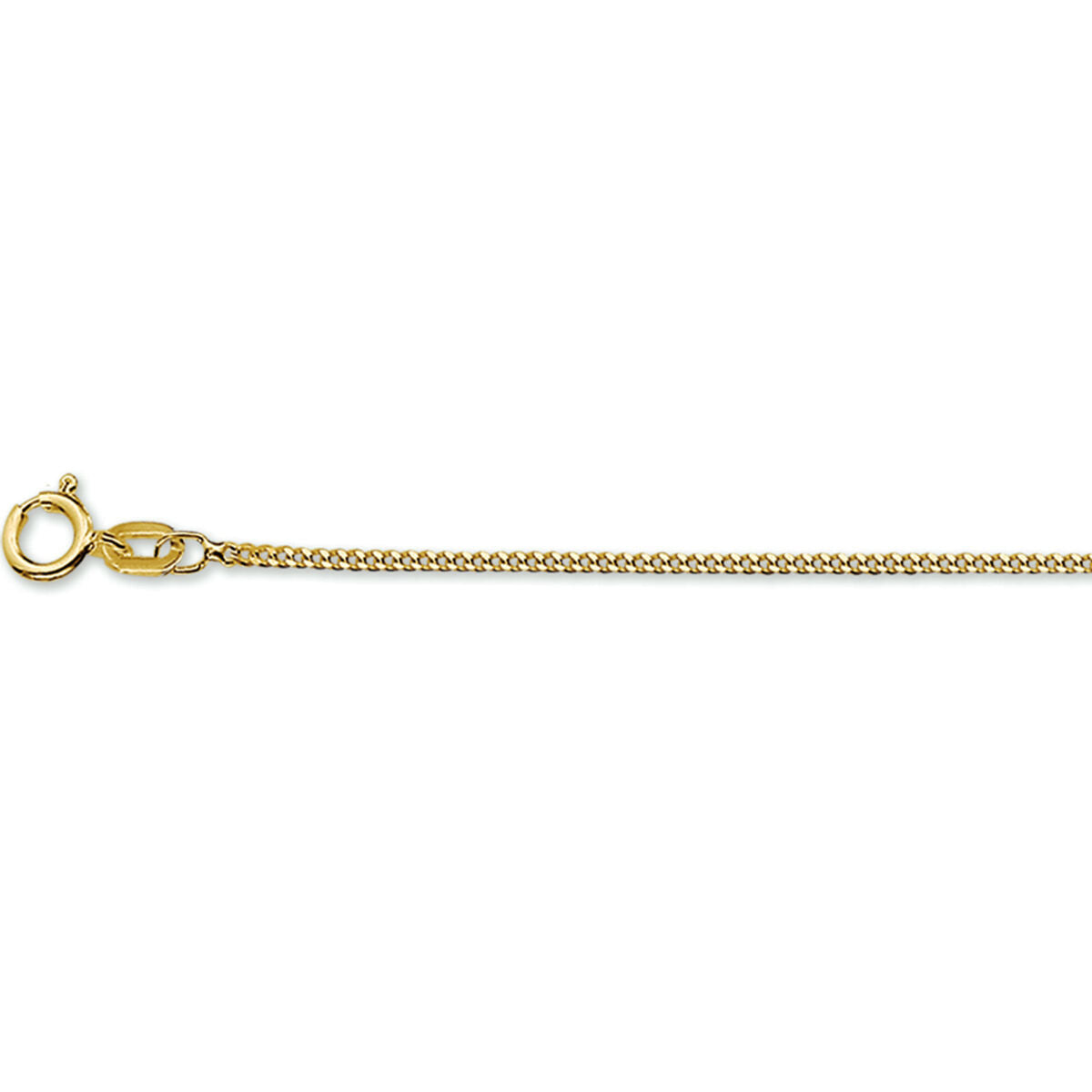 Een close-up van de Van der Kooij Collectie collier gourmette 4-zijdes geslepen 1,2 mm in 14K geelgoud met veerring-sluiting, ideaal als unisex sieraad, getoond op een witte achtergrond.