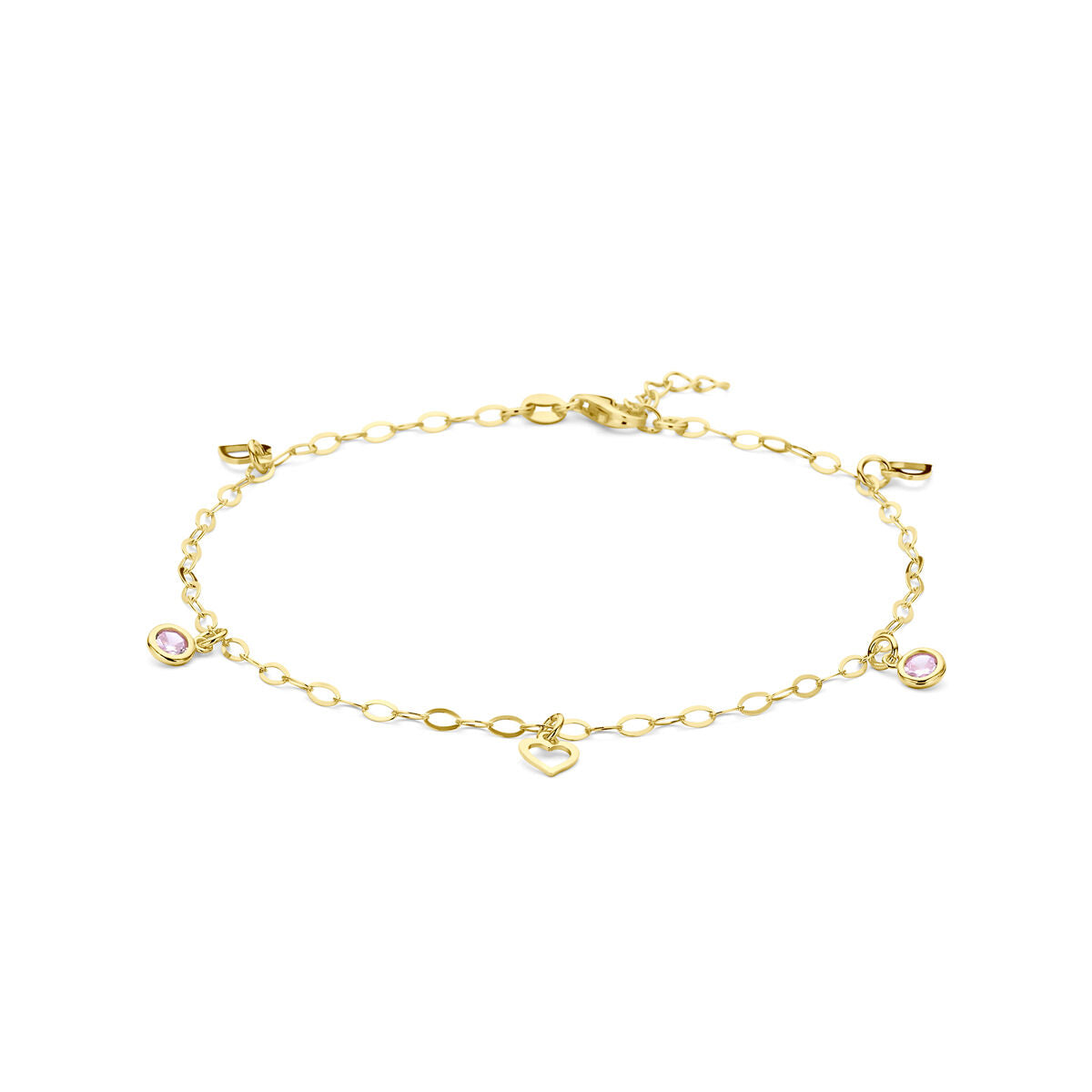 Enkelbandje van verguld zilver met een hartje en roze zirkonia, lengte 24 + 2 cm.