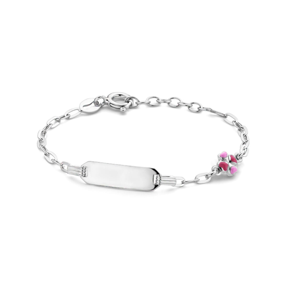 Zilveren gerhodineerde graveerarmband met klaverplaat van 5,0 mm en een verlengstuk van 11 + 2 cm, versierd met een roze steentje.