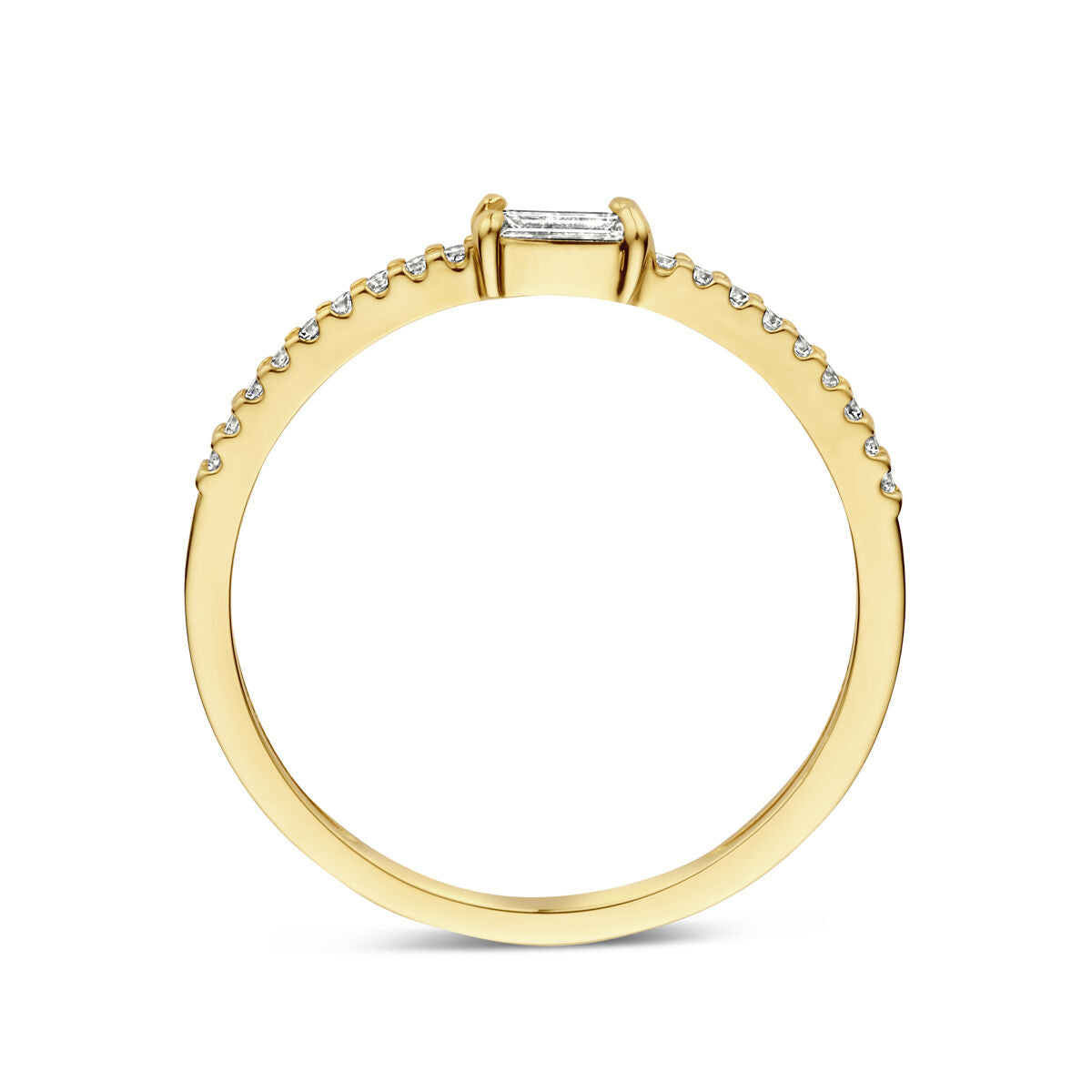 De Van der Kooij Collectie ring zirkonia 14K geelgoud heeft een dunne band, kleine ronde diamanten op de bovenste helft en een rechthoekige zirkonia baguette gezet in de lengte in het midden.