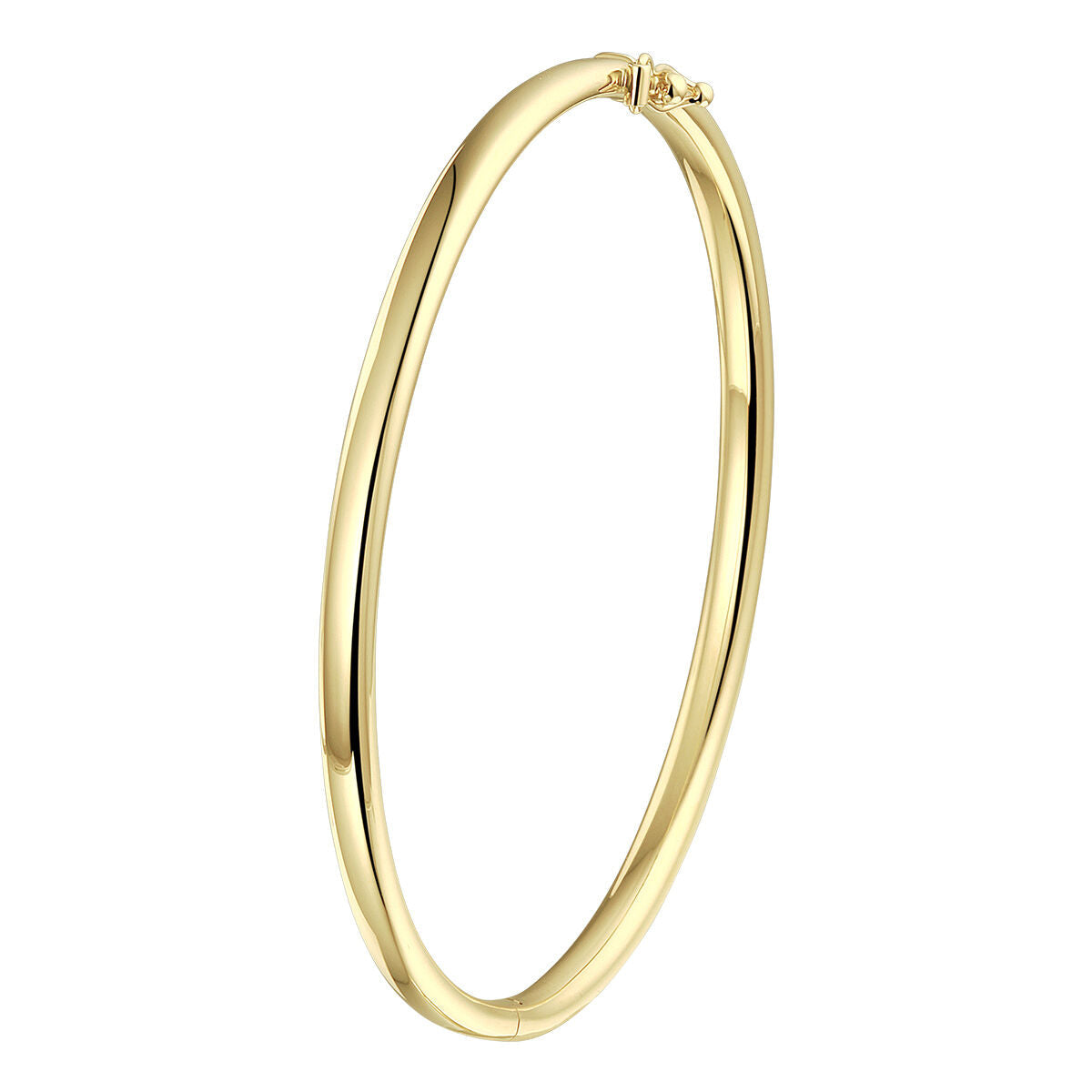 De Van der Kooij Collectie bangle scharnier ovale buis 4,0 mm is een gepolijste 14K geelgoud dames armband met een glad ontwerp en stevige sluiting, afgebeeld tegen een witte achtergrond.