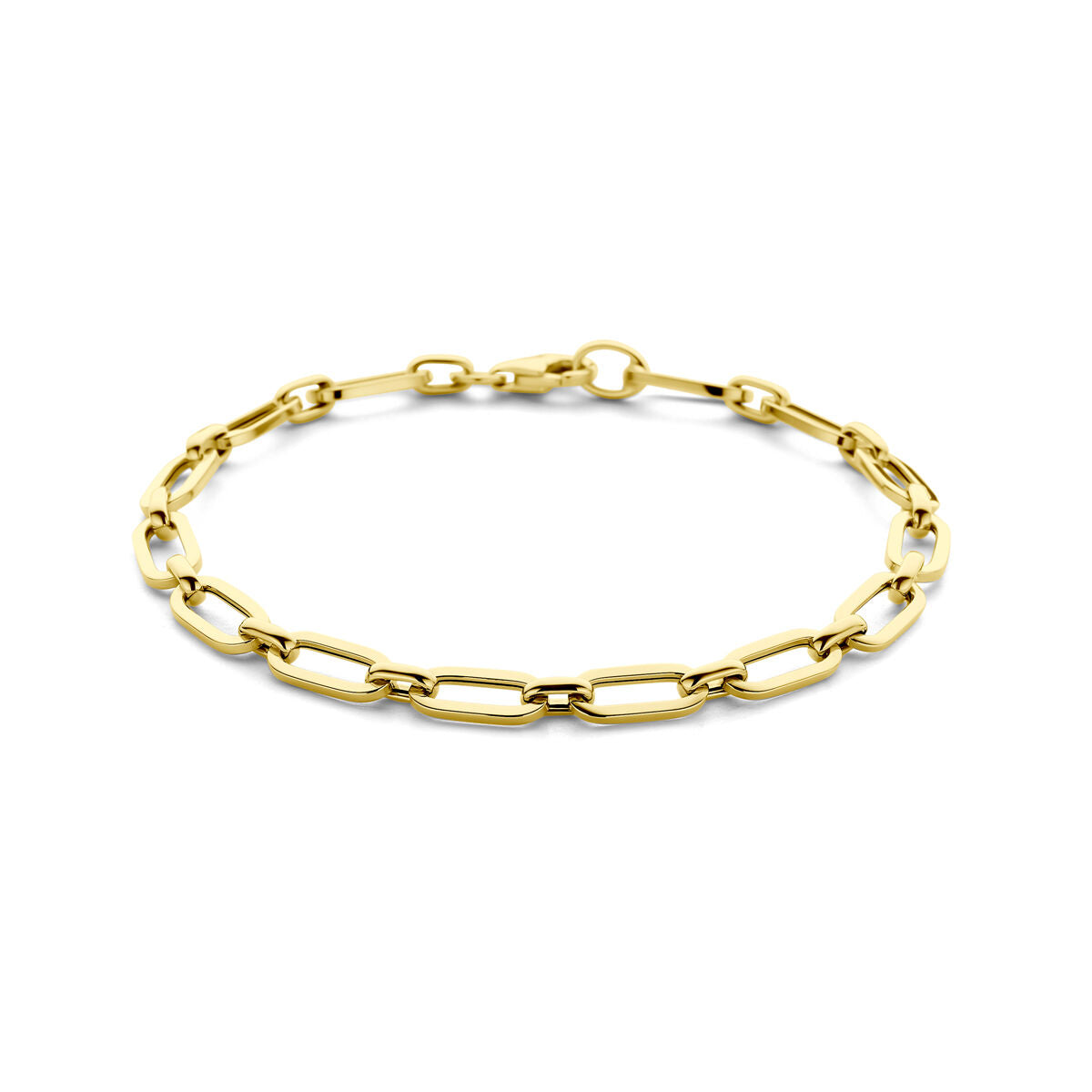 Armband van 14K geelgoud met paperclip schakels van 5,0 mm en een lengte van 19 cm.