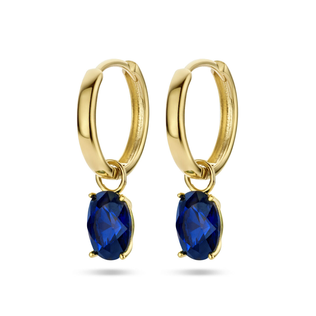 Klapoorringen van 14K geelgoud met een blauwe zirkonia, in een ovale vorm.