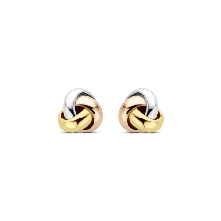 Van der Kooij Collectie oorknoppen tricolor knoop 5 mm in 14K geel-, rose- en witgoud voor dames, met verweven lussen en getoond op een witte achtergrond.