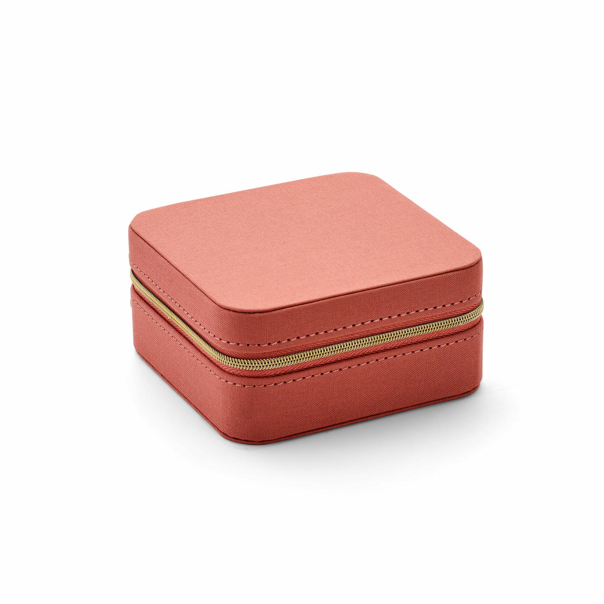 Luxe sieraden doos in zacht perzikvelvet met een gouden rits, vierkante vorm.