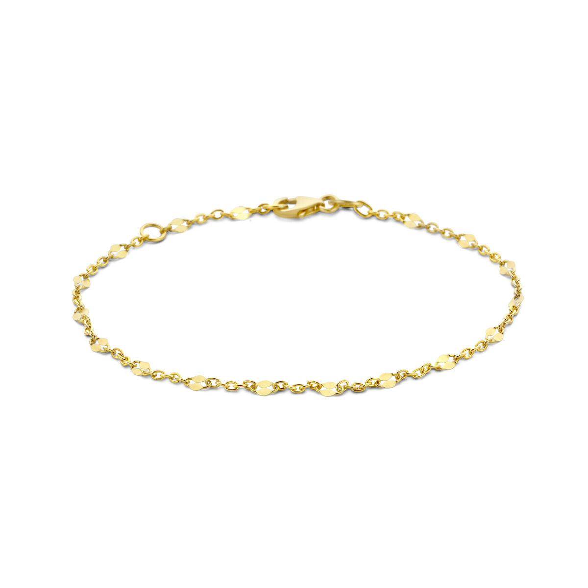 De Van der Kooij Collectie armband anker met tussenstuk 16 - 18 cm is gemaakt van 14K geelgoud en heeft elegante, ovale schakels met een stevige karabijnsluiting, prachtig gepresenteerd op een witte achtergrond.