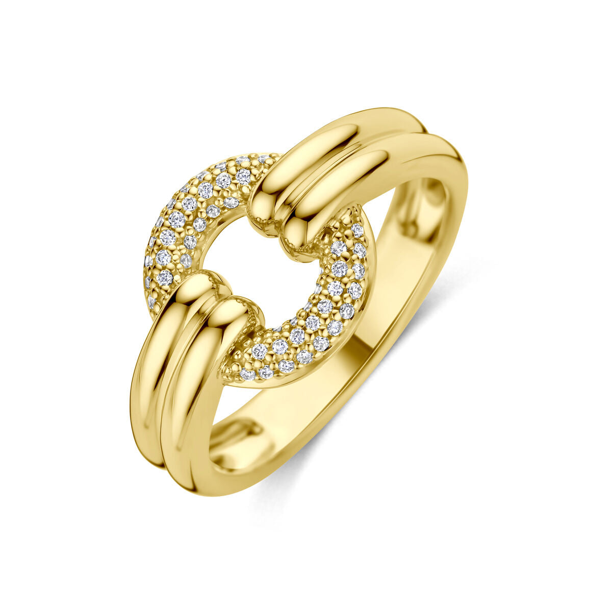 Gouden damesring van 14k geelgoud met een ronde schakel en een cirkel van kleine diamanten.